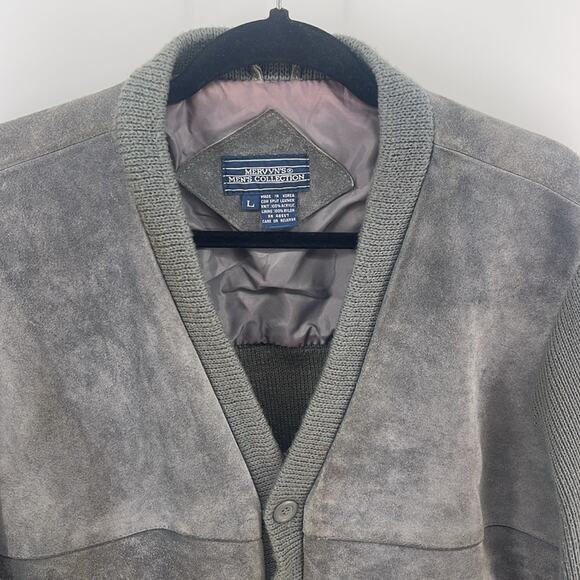 Vintage Mervyn’s leather V-neck knit sweater sleeve button up cardigan jacket L - Picture 2 of 7